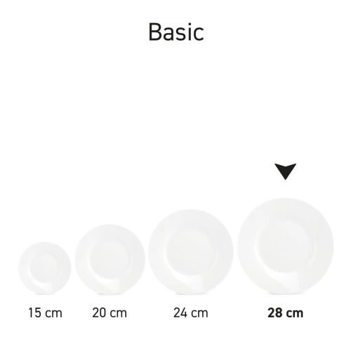 Bord Basic lijn 27 cm porselein gepresenteerd als onderdeel van een servies-serie. Bord Basic lijn 27 cm porselein gepresenteerd als onderdeel van een servies-serie.