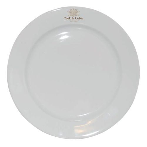 Voorzijde van porseleinen bord 28 cm met meerkleurig CorkColor-logo op de brede rand gedrukt. Voorzijde van porseleinen bord 28 cm met meerkleurig CorkColor-logo op de brede rand gedrukt.