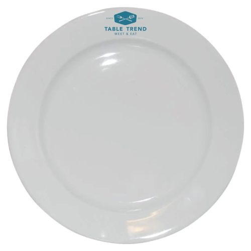 Wit bord 30,5 cm van porselein met enkelkleurig TableTrend-logo op de randzone bedrukt. Wit bord 30,5 cm van porselein met enkelkleurig TableTrend-logo op de randzone bedrukt.
