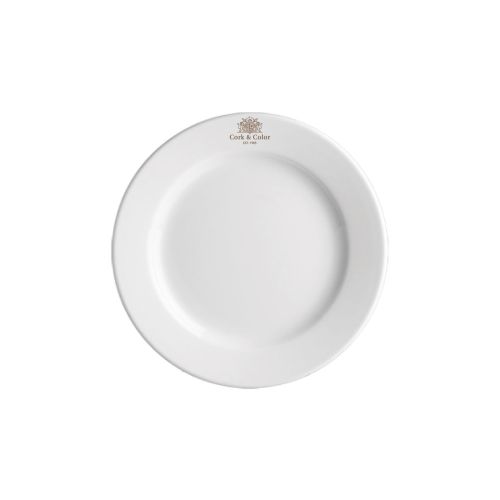 Wit porseleinen bord Princip 15 cm met centraal logo in één kleur van CorkColor aan voorzijde.