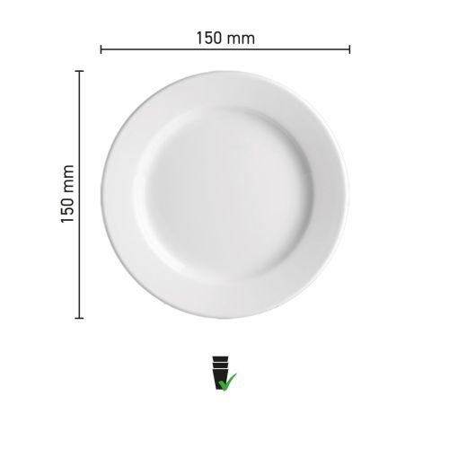 Infographic van afmetingen van het porseleinen bord Princip 15 cm in schaalverhouding.