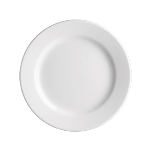 Vooraanzicht van een rond porseleinen Bord Princip 19 cm met glad oppervlak en witte afwerking. Vooraanzicht van een rond porseleinen Bord Princip 19 cm met glad oppervlak en witte afwerking.
