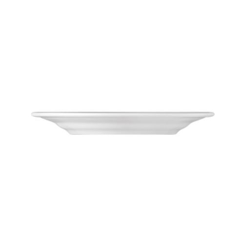 Zijaanzicht van het Bord Princip 19 cm porselein met smalle rand en licht gebogen profiel. Zijaanzicht van het Bord Princip 19 cm porselein met smalle rand en licht gebogen profiel.