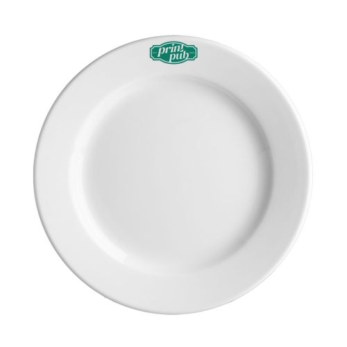 Vooraanzicht van Bord Princip 21 cm porselein met enkelkleurig PrintPub-logo centraal gedrukt.
