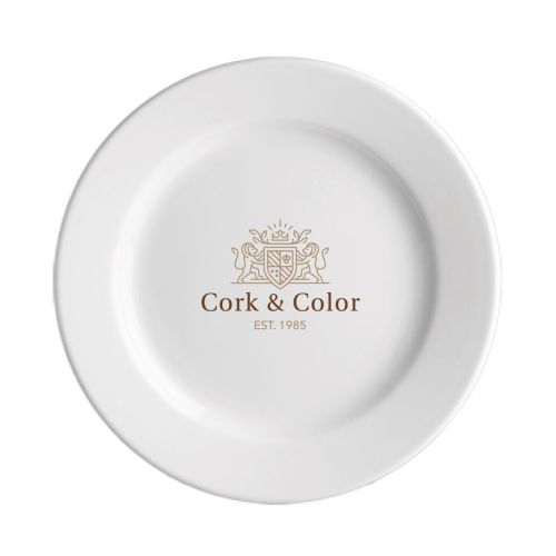 Voorzijde van Bord Princip 21 cm porselein met meerkleurig CorkColor-logo op het bordvlak. Voorzijde van Bord Princip 21 cm porselein met meerkleurig CorkColor-logo op het bordvlak.