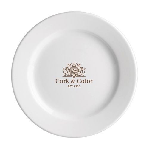 CorkColor-logo in één kleur op voorzijde van Princip bord 24 cm porselein, centraal geplaatst. CorkColor-logo in één kleur op voorzijde van Princip bord 24 cm porselein, centraal geplaatst.