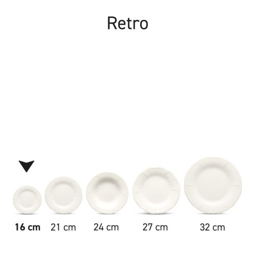 Serieopstelling van meerdere Retro borden porselein in verschillende composities.