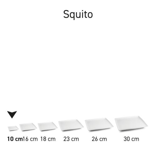 Serie van vierkante Squito borden in wit porselein overzichtelijk gepresenteerd.