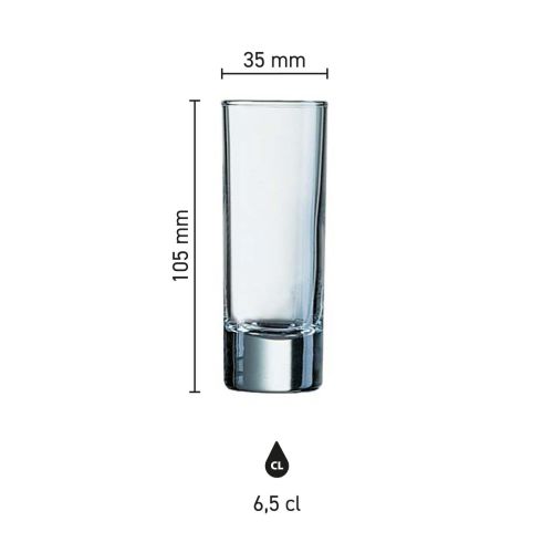 Infographic met maatvoering van borrelglas Islande 6,5 cl. inclusief diameter en hoogte. Infographic met maatvoering van borrelglas Islande 6,5 cl. inclusief diameter en hoogte.