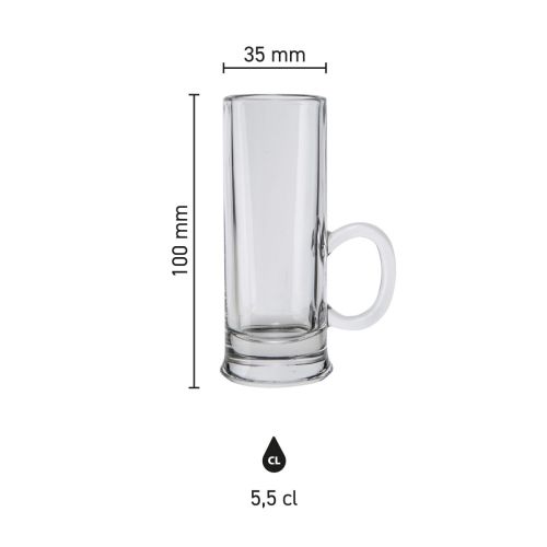 Infographic met maatvoering van Islande borrelglas met oor 5,5 cl, inclusief hoogte en diameter. Infographic met maatvoering van Islande borrelglas met oor 5,5 cl, inclusief hoogte en diameter.
