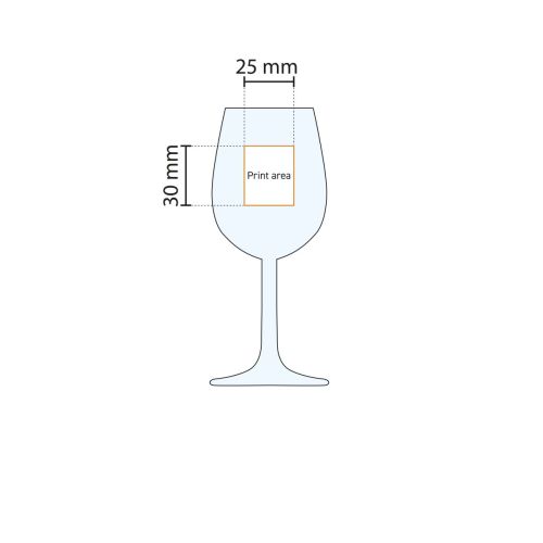 Drukgebiedweergave voor logo-opdruk op het Bouquet portglas 14 cl. in werktekening. Drukgebiedweergave voor logo-opdruk op het Bouquet portglas 14 cl. in werktekening.