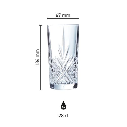 Infographic van het Broadway Longdrinkglas 28 cl. met aangegeven hoogte en diameter. Infographic van het Broadway Longdrinkglas 28 cl. met aangegeven hoogte en diameter.