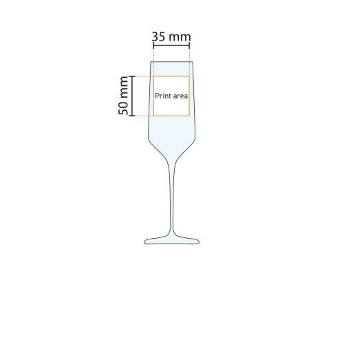 Technische werktekening van drukgebied op Carre champagneflute 22 cl. voor bedrukking. Technische werktekening van drukgebied op Carre champagneflute 22 cl. voor bedrukking.