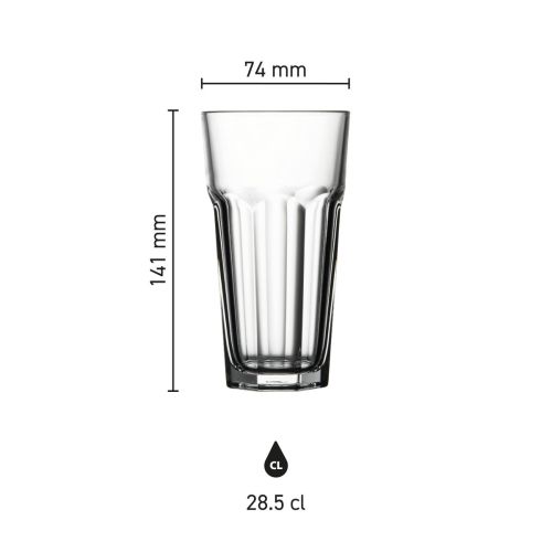 Infographic toont glasafmetingen van Casablanca Latte Hoog 28,5 cl. in millimeters en verhoudingen. Infographic toont glasafmetingen van Casablanca Latte Hoog 28,5 cl. in millimeters en verhoudingen.