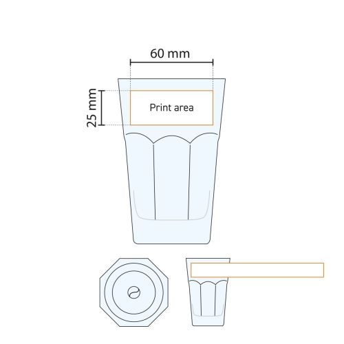 Casablanca Longdrink glas 35,5 cl. met drukgebied visueel weergegeven in technische werktekening. Casablanca Longdrink glas 35,5 cl. met drukgebied visueel weergegeven in technische werktekening.