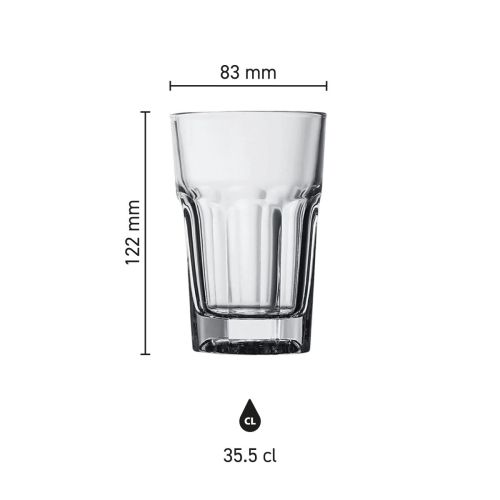 Infographic toont de afmetingen van het Casablanca Longdrink glas 35,5 cl. in millimeters. Infographic toont de afmetingen van het Casablanca Longdrink glas 35,5 cl. in millimeters.