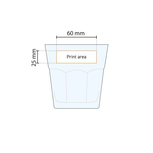 Casablanca Rocks glas 24,5 cl. met drukgebied aangeduid in technische werktekening voor logopositie. Casablanca Rocks glas 24,5 cl. met drukgebied aangeduid in technische werktekening voor logopositie.