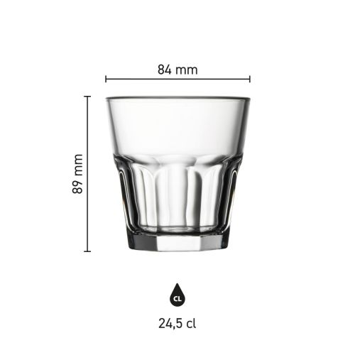 Infographic toont glasafmetingen van Casablanca Rocks 24,5 cl. met maatlijnen en schaal. Infographic toont glasafmetingen van Casablanca Rocks 24,5 cl. met maatlijnen en schaal.