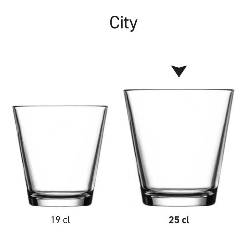 Serieopstelling van meerdere City glazen 25 cl. gepresenteerd met diverse logo-uitvoeringen. Serieopstelling van meerdere City glazen 25 cl. gepresenteerd met diverse logo-uitvoeringen.
