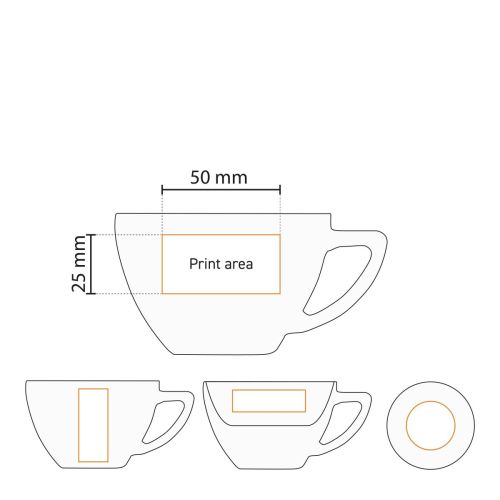 Gedetailleerde werktekening met drukgebied van Classic Cappuccino 20 cl. porseleinen SET. Gedetailleerde werktekening met drukgebied van Classic Cappuccino 20 cl. porseleinen SET.