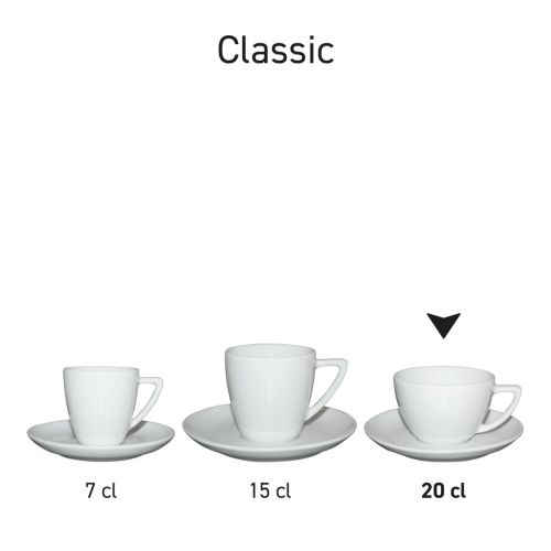Serie Classic Cappuccino Sets wit in porselein, gepresenteerd als Classic-serie. Serie Classic Cappuccino Sets wit in porselein, gepresenteerd als Classic-serie.