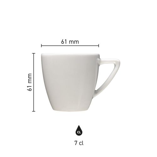 Infographic toont productafmetingen van de Classic Espresso kop wit 7 cl. in millimeters. Infographic toont productafmetingen van de Classic Espresso kop wit 7 cl. in millimeters.