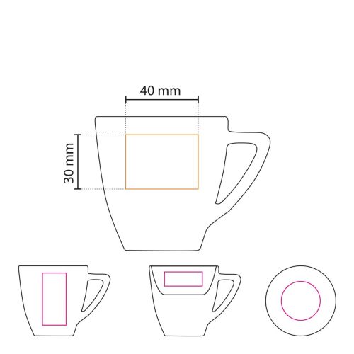 Technische werktekening toont drukgebied voor logo-opdruk op de Classic Koffie kop wit 15 cl. Technische werktekening toont drukgebied voor logo-opdruk op de Classic Koffie kop wit 15 cl.