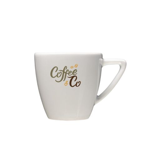 Porseleinen koffie kop 15 cl. bedrukt met meerkleurig CoffeeCo-logo op het voorvlak van de kop. Porseleinen koffie kop 15 cl. bedrukt met meerkleurig CoffeeCo-logo op het voorvlak van de kop.