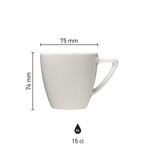 Infographic toont technische productafmetingen van de Classic Koffie kop wit 15 cl. in millimeters. Infographic toont technische productafmetingen van de Classic Koffie kop wit 15 cl. in millimeters.