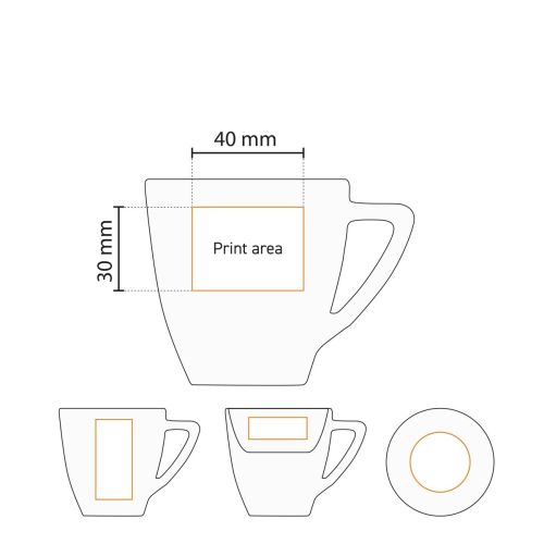 Gedetailleerde werktekening toont het drukgebied van Classic Koffie wit 15 cl. SET porselein. Gedetailleerde werktekening toont het drukgebied van Classic Koffie wit 15 cl. SET porselein.