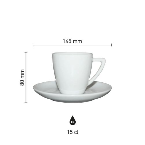 Infographic toont technische maatvoering van Classic Koffie wit 15 cl. SET porselein in millimeters. Infographic toont technische maatvoering van Classic Koffie wit 15 cl. SET porselein in millimeters.