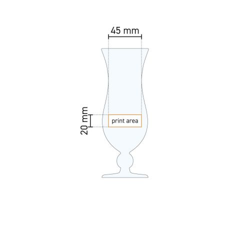 Technische werktekening met aanduiding van drukgebied op cocktailglas Blue Hawai 44 cl. glas. Technische werktekening met aanduiding van drukgebied op cocktailglas Blue Hawai 44 cl. glas.