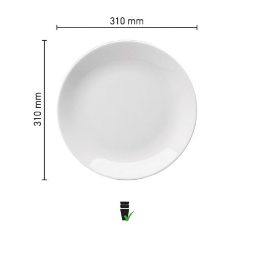Visualisatie van afmetingen van het Hotel coupebord wit 31 cm porselein in een infographic. Visualisatie van afmetingen van het Hotel coupebord wit 31 cm porselein in een infographic.