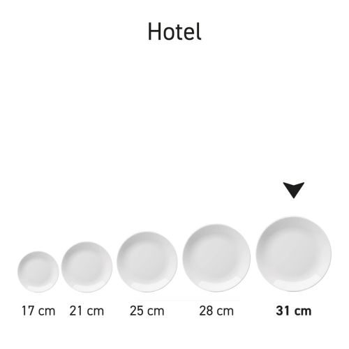 Overzicht van meerdere witte Hotel coupeborden porselein in een complete serviesserie. Overzicht van meerdere witte Hotel coupeborden porselein in een complete serviesserie.