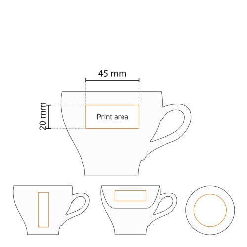 Werktekening met schematische weergave van het drukgebied voor logo-opdruk op het kopje. Werktekening met schematische weergave van het drukgebied voor logo-opdruk op het kopje.