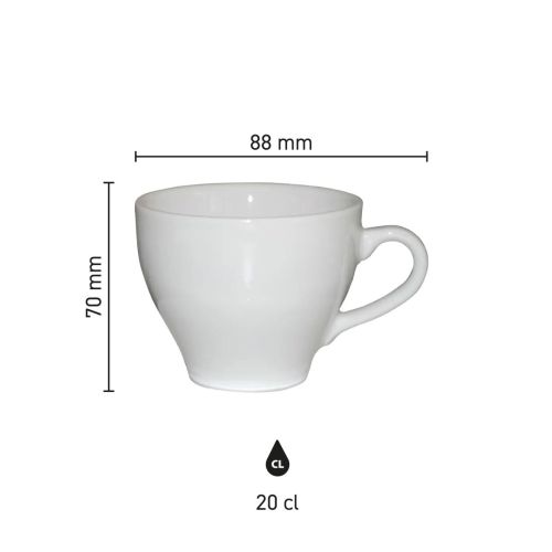 Infographic toont technische afmetingen van de Dom Cappuccino kop wit 20 cl. in millimeters. Infographic toont technische afmetingen van de Dom Cappuccino kop wit 20 cl. in millimeters.