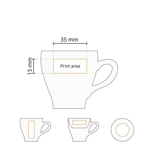 Gedetailleerde werktekening toont het bedrukbare oppervlak van Dom Espresso kop wit 8 cl. uit de Dom-set. Gedetailleerde werktekening toont het bedrukbare oppervlak van Dom Espresso kop wit 8 cl. uit de Dom-set.