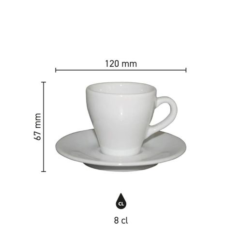 Infographic toont technische maatvoering van Dom Espresso wit 8 cl. SET porselein in millimeters. Infographic toont technische maatvoering van Dom Espresso wit 8 cl. SET porselein in millimeters.