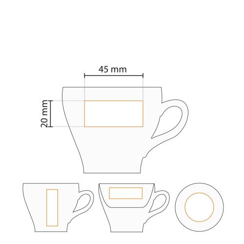 Werktekening toont het bedrukbare oppervlak van de Dom Koffie kop 15 cl. porselein. Werktekening toont het bedrukbare oppervlak van de Dom Koffie kop 15 cl. porselein.
