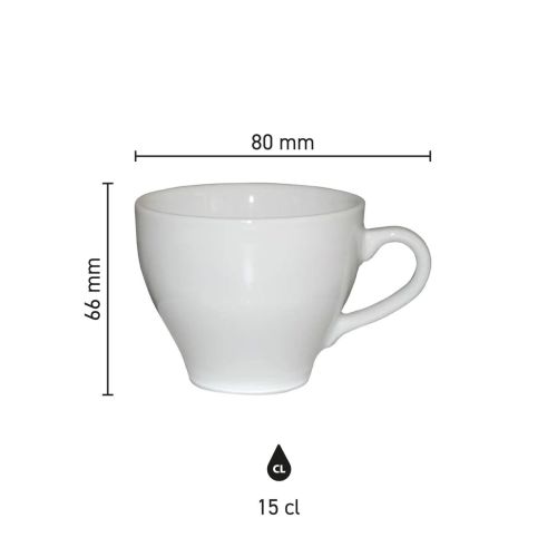 Infographic toont technische maatvoering van de Dom Koffie kop wit 15 cl. in millimeters. Infographic toont technische maatvoering van de Dom Koffie kop wit 15 cl. in millimeters.