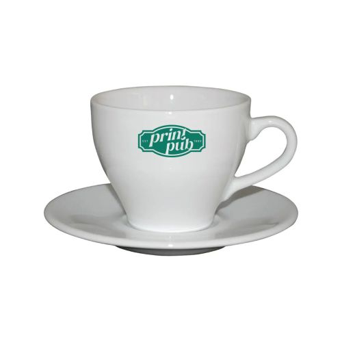Vooraanzicht van Dom Koffie 15 cl. SET met éénkleurig PrintPub-logo bedrukt op wit porselein. Vooraanzicht van Dom Koffie 15 cl. SET met éénkleurig PrintPub-logo bedrukt op wit porselein.