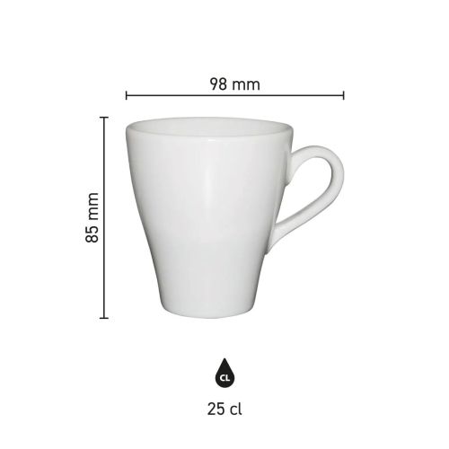 Infographic met schaalverdeling toont de afmetingen van de Dom mok wit 25 cl. in detail. Infographic met schaalverdeling toont de afmetingen van de Dom mok wit 25 cl. in detail.