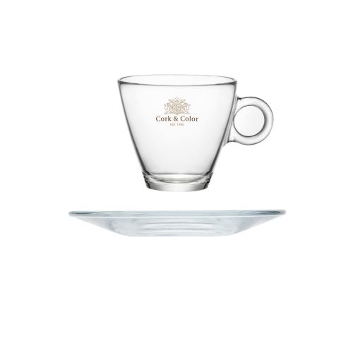 Voorzijde en zijkant van Easy Bar Cappuccino 23 cl. SET met gekleurd CorkColor-logo bedrukt op het glas. Voorzijde en zijkant van Easy Bar Cappuccino 23 cl. SET met gekleurd CorkColor-logo bedrukt op het glas.