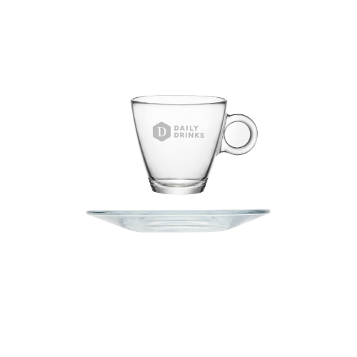 Vooraanzicht van Easy Bar Espresso 10 cl. SET met eenkleurig bedrukt logo “DailyDrinks” op transparant oppervlak. Vooraanzicht van Easy Bar Espresso 10 cl. SET met eenkleurig bedrukt logo “DailyDrinks” op transparant oppervlak.