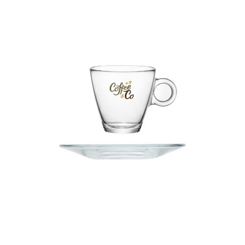 Espresso glas van 10 cl met meerkleurig “CoffeeCo”-logo prominent op de voorzijde gedrukt. Espresso glas van 10 cl met meerkleurig “CoffeeCo”-logo prominent op de voorzijde gedrukt.