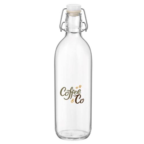 Vooraanzicht van Emilia Fles 1 liter glas met CoffeeCo-logo in 2-4 kleuren op transparant glas. Vooraanzicht van Emilia Fles 1 liter glas met CoffeeCo-logo in 2-4 kleuren op transparant glas.