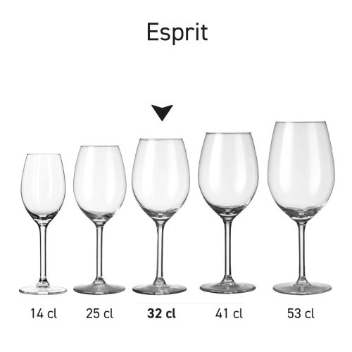 Seriebeeld met meerdere uitvoeringen van het Esprit wijnglas gepresenteerd als reeks. Seriebeeld met meerdere uitvoeringen van het Esprit wijnglas gepresenteerd als reeks.
