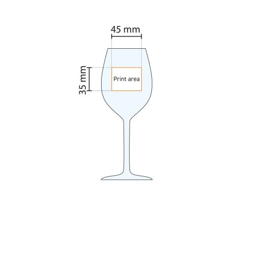 Technische werktekening van het drukgebied op Esprit wijnglas 41 cl. in glas. Technische werktekening van het drukgebied op Esprit wijnglas 41 cl. in glas.