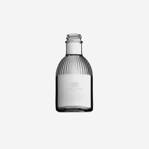 Fles Florence 0,2 liter glas met gegraveerd CorkColor logo op voorzijde, verfijnd verwerkt in het glasoppervlak.
