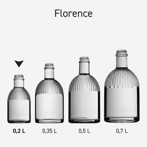 Flessen Florence getoond als serie, meerdere flessen in lijn opgesteld met uniform design.